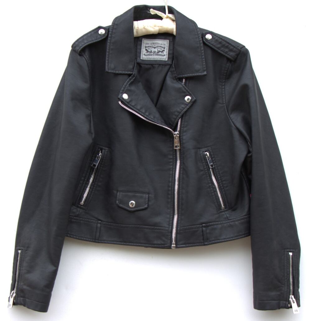 Levi’s Women’s Black Faux Leather Moto Biker Jacket Zip Pockets Size XL